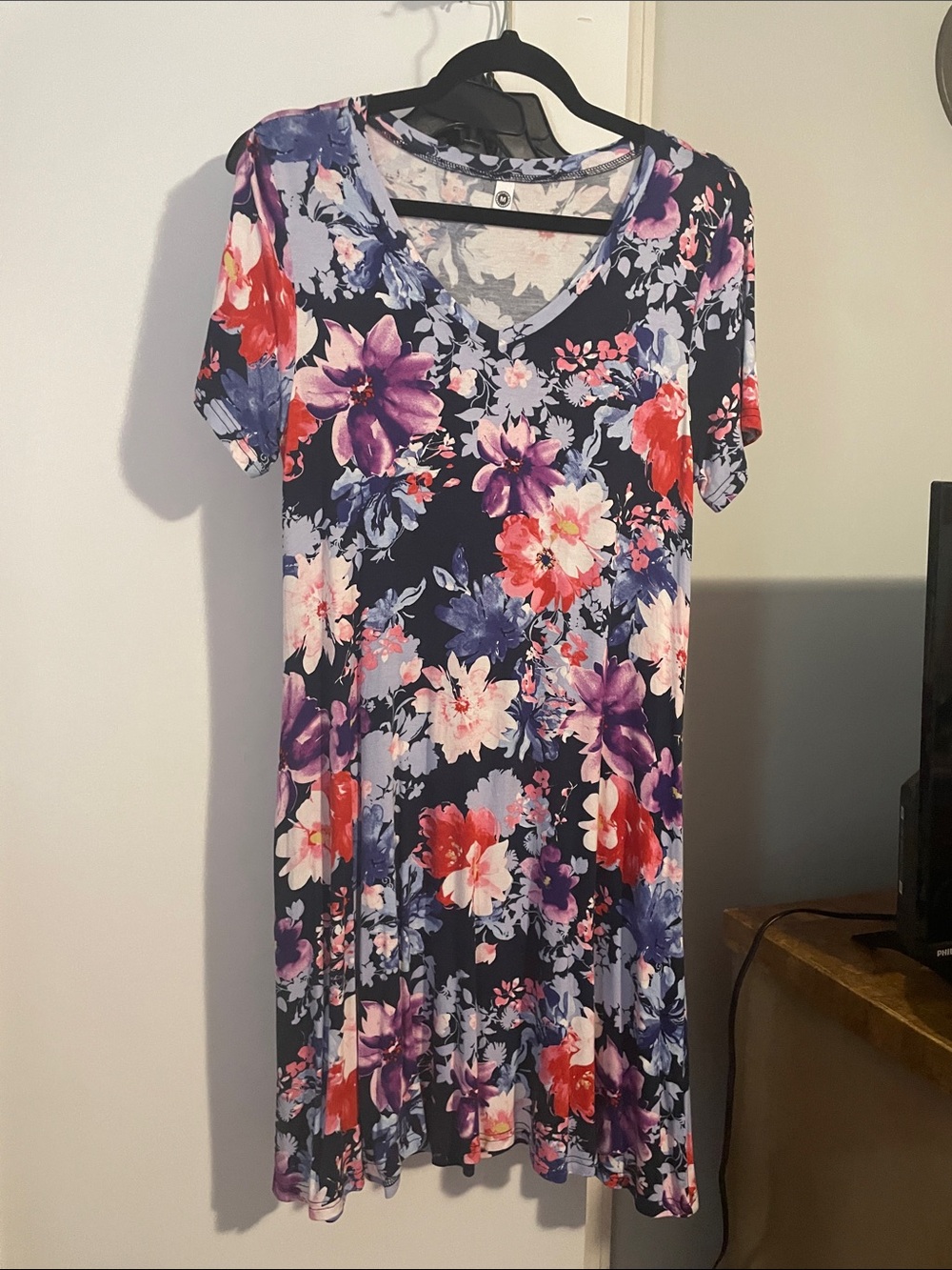 Navy Floral Midi Dress with Pink Purple Red Accents